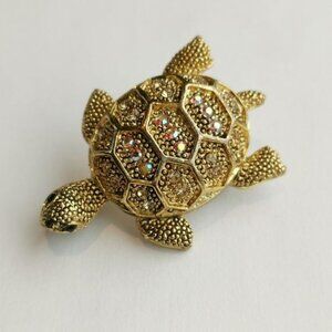 Gold tone crystal turtle brooch pin pendant 🆕
